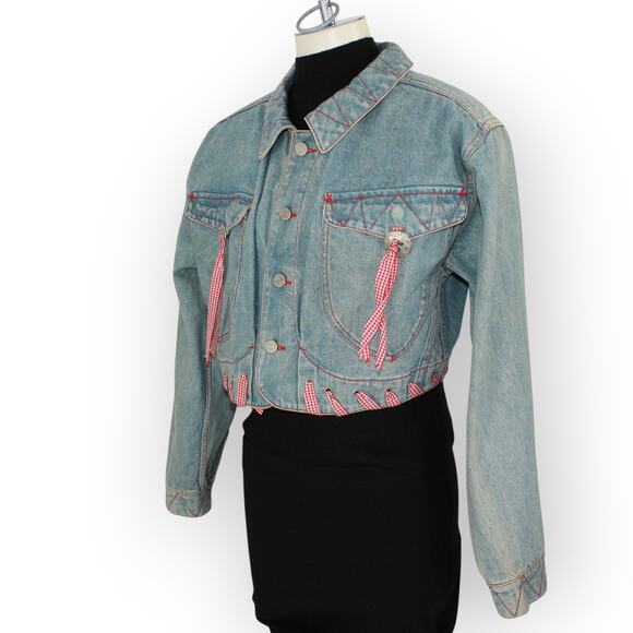 Vtg M/L HystericEtVous Crop Denim JeanJacket Western Gingham Red Cowgirl Light - Picture 12 of 14